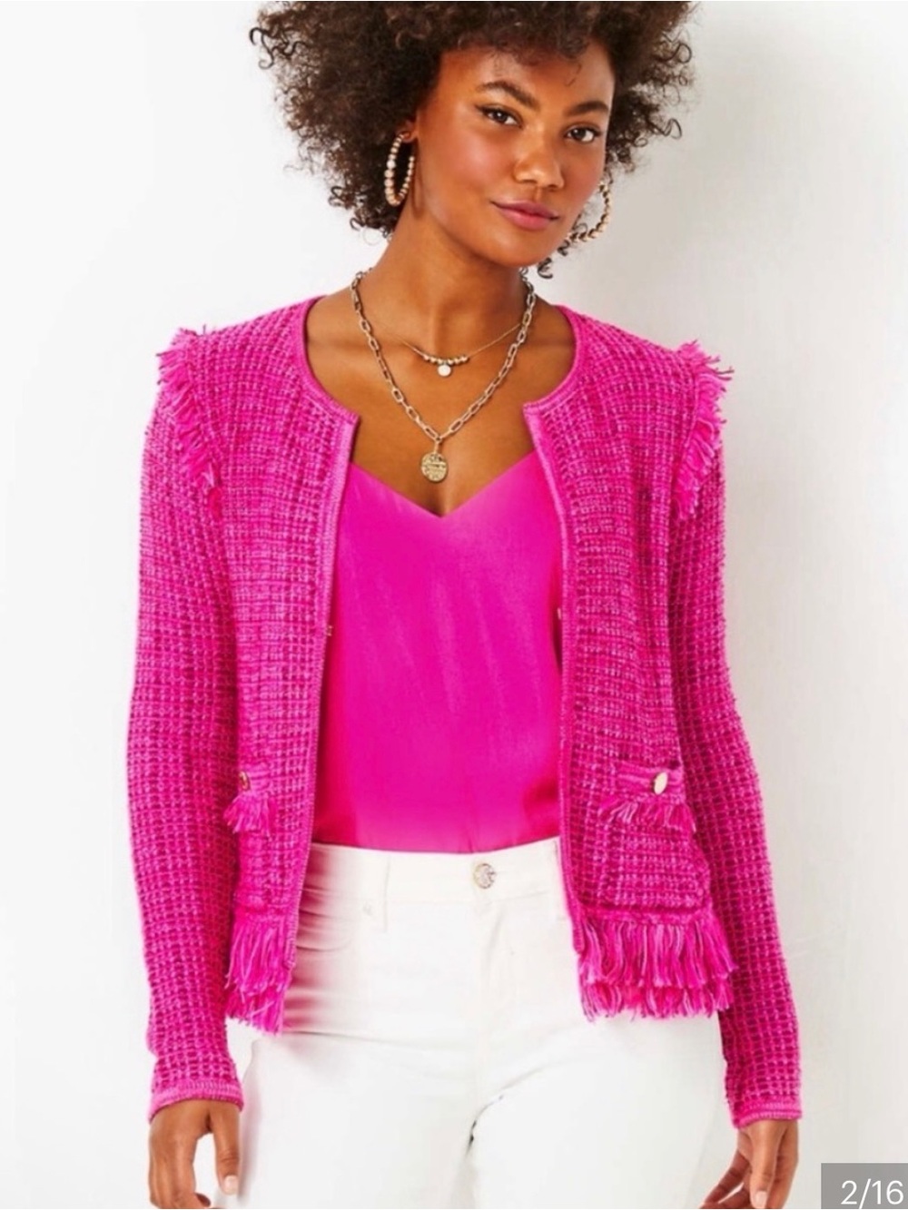 Lilly Pulitzer Hot Pink Fringe Simora cardigan. Gold buttons. Exotic tweed. $158